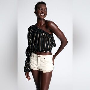 NWT | One Teaspoon Tuxedo Stripe One Shoulder Black & Gold Top